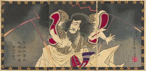 The actor Ichikawa Udanji I as Sugawara no Michizane in the play "Shinrei Sugawara Jikki," performed at the Haruki Theater in the fourth month, 1883