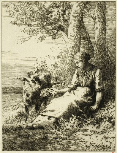 Shepherd with Flock of Sheep at Edge of Wood