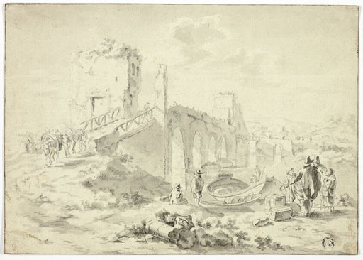 Figures Crossing Stone Bridge Above Boat Ferrying Barrels