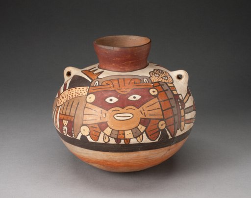 Handeled Jar Depicting Costumed Ritual Performer with Weapons