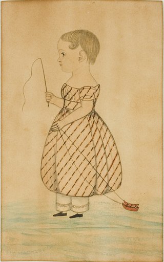 Standing Girl in Profile to Left with Whip and Toy Sleigh