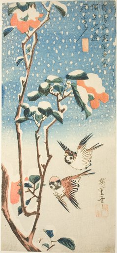 Sparrows and Camellia in Snow