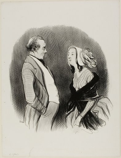 The Engagement of an Artist. “- So you want an engagement in my theatre..... very well Mademoiselle...... since you are so pretty, it will be 1200 Francs.... that's of course what you will be paying me each year! - I accept... under the condition that I will not get a raise!,” plate 72 from Les Beaux Jours De La Vie