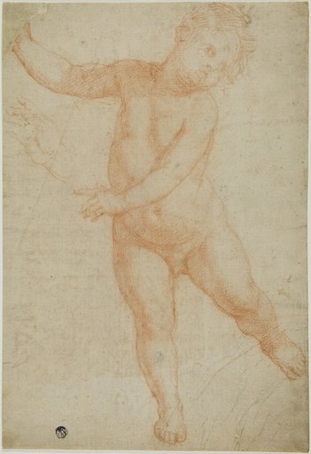 Putto Poised on Right Leg (recto); Sketch of a Draped Arm (verso)