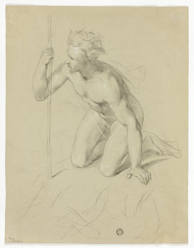 Nude Man Kneeling, Holding Staff (recto); Alpine Panorama (verso)