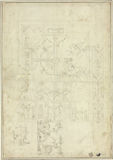 Ceiling Design, with Sketches of Ornamental Border, Helmeted Head (recto); Sketches of Ornamental Details (verso)