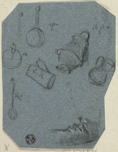 Sketches of Kitchen Utensils, Bent Arm (recto); Historical Scene (verso)
