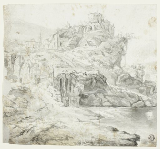 Rocky Promontory with Ruins and Cascades (recto); Sketch of Cliff with Buildings (verso)