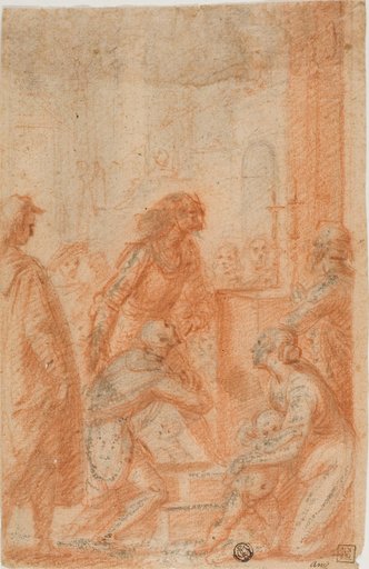 Figures Before Altar in Church (recto); Half-Length Male Nude, Looking Upward to Right (verso)