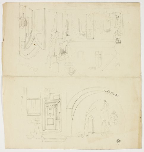 Sketches of Doorway, Figures, Building with Side Entrance to Church (recto); Sketch of Spire (verso)