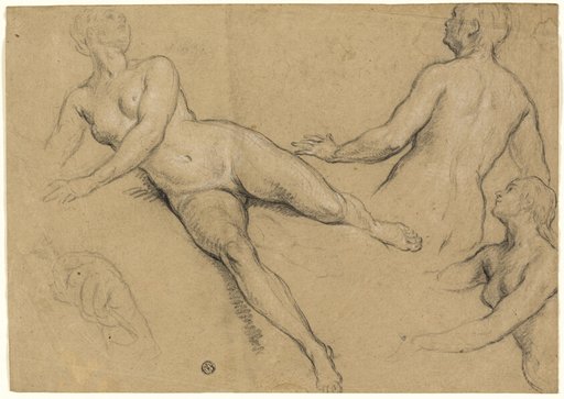 Sheet of Studies: Three Women and a Hand (recto); Sketches of Male Nudes, Heads and Hand (verso)