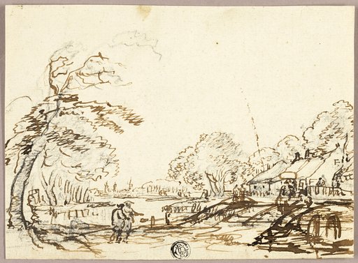Two Figures along River near Bridges and Houses (recto); Two Figures on Bridge Looking at Man in Punt (verso)