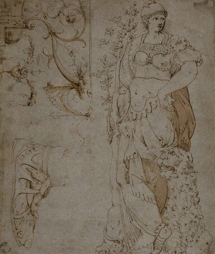 Three Sketches: Fortitude, a Sandal, and Grotesques (recto); Sketches of Grotesques, and Roman Cuirass (verso)