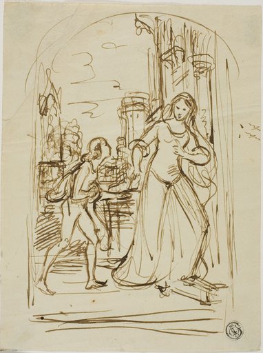 Literary Illustration: Medieval Lady with Page (recto); Sketches of Figures (verso)