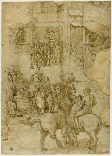 Mythological Pageant (recto); Illegible Inscriptions and Anatomical Studies of Head (verso)