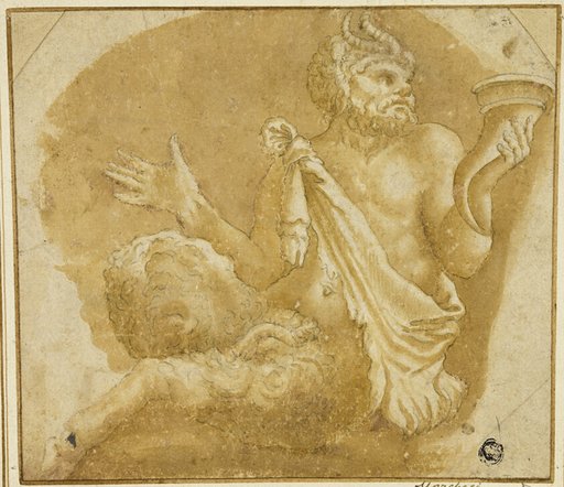 Seated Faun Holding Cornucopia (recto); Sketch of Tree and House (verso)