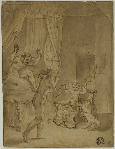 The Infant Hercules Strangling Serpents in His Cradle (recto); Crowned Woman Kneeling in Landscape, and Other Sketches (verso)