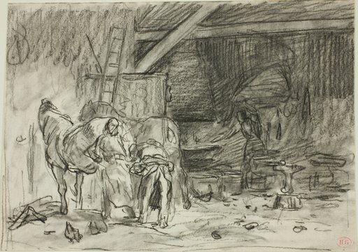 Interior of a Blacksmith's Shop (recto); Man Bending Over, Seen from Read (verso)