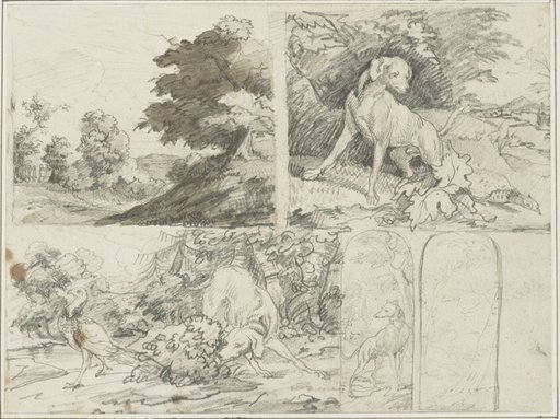 Sketches of a Wooded Site, Dogs and Pheasants in Landscape