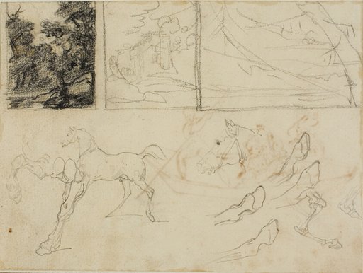 Sheet of Sketches: three Landscapes, Horses, and Hooves
