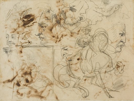 Sketches of Men's Faces, Horses' Muzzles, and Mounted Soldiers