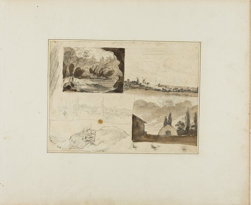 Sheet of Sketches: Four Landscapes and a Greyhound