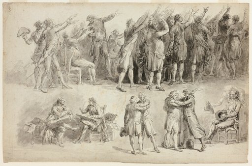 Studies after the Oath of the Tennis Court (recto); Studies after the Oath of the Tennis Court: Group with Maupetit de la Mayenne Carried by His Two Sons (verso)