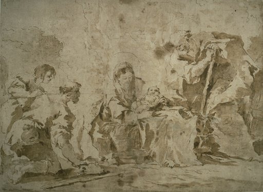 Adoration of the Shepherds (recto); Three Sketches: Buildings by Canal with Boats, Landscape with Buldings on Hillside, Buildings with Portico (verso)