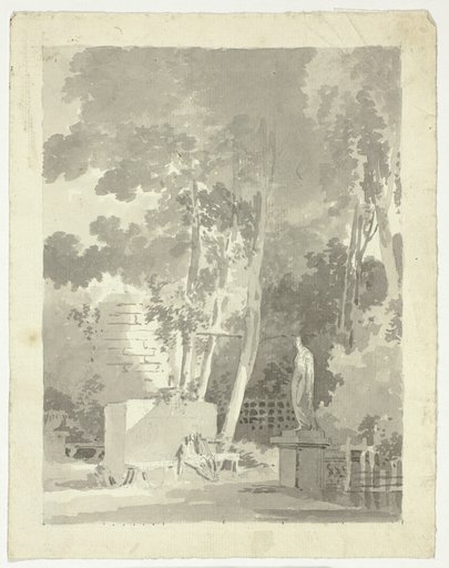 View of the Park at Versailles: Two Figures on a Bench in a Clearing, Female Statue Nearby
