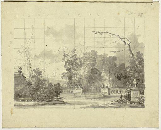 View of the Park at Versailles: Balustrade with Two Sphinxes Urn