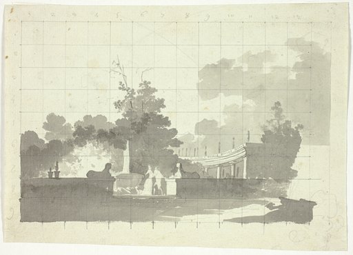 View of the Park at Versailles: Two Sphinxes and a Couple Near a Collonade