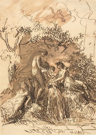 Young Girls at a Fountain (recto); Fragment of Sketch of Legs (verso)