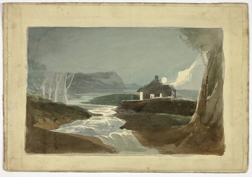 Moon over Cottage by Waterfall (recto); Tower and Thatched-Roof City House (verso)