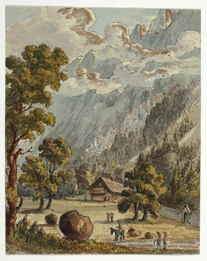 Chalet and Garden below Alps (recto); Village & Glacier du Boissons, Chamix (verso)