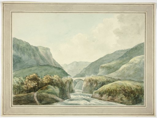 Mountain Town by Bridge Spanning Rapids