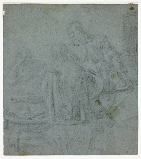 Three Men Seated at Table (recto); Woman Being Crowned by Female Attendant (verso)