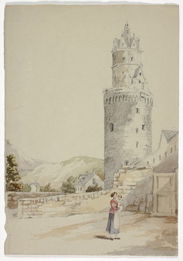 Woman and Child before Walled Town with Tower