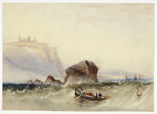 Three Men in Rowboat off Rocky Coast
