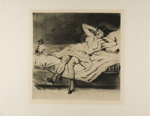 Plate from l'Assommoir (dancer reclining on bed, with cat)