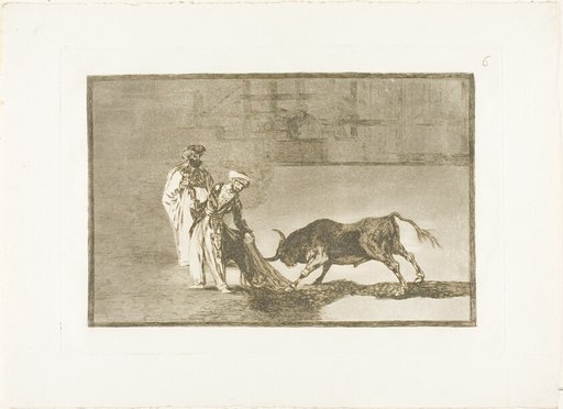 The Moors make a different play in the ring calling the bull with their burnous, plate six from The Art of Bullfighting