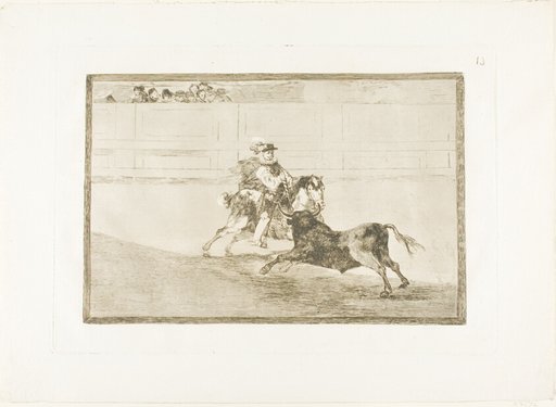 A Spanish mounted knight in the ring breaking short spears without the help of assistants, plate 13 from The Art of Bullfighting