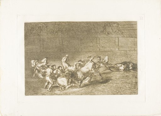 Two teams of picadors thrown one after the other by a single bull, plate 32 from The Art of Bullfighting