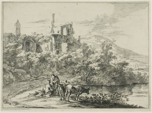 Landscape with Ruins and Two Cows at the Waterside, from a series of four horizontal Roman Landscapes