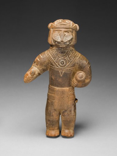 Masked Figurine Holding a Drum, Possibly an Ocarina (Whistle)