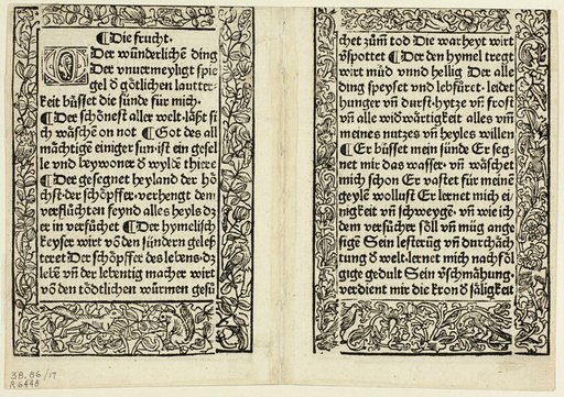 Devotional passages with ornamental borders from Andächtig Zeitglöcklein des Leben und Leidens Christi, Plate 17 from Woodcuts from Books of the 15th Century