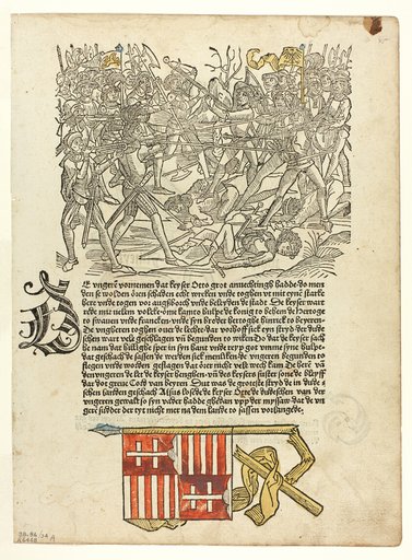 The Battle of Lechfeld (recto) and Duke Wolpy of Bavaria and His Wife, Atheyt (verso) from Sachsen-Chronik (Saxon Chronicle), Plate 34 from Woodcuts from Books of the 15th Century