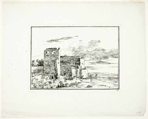 Ruined Buildings near a River Bank, plate 9 from Quatrieme suite de paysages dessinés et grave a l’eau-forte par Moreau (Fourth Series of Landscapes Drawn and Etched by Moreau)