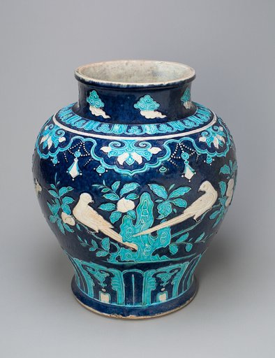 Jar with Birds and Butterflies on Flowering Branches