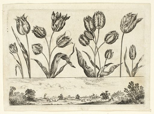 Flowers and Hunting Scene, from Livre Nouveau de Fleurs...