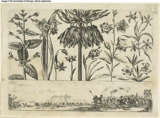 Flowers and Battle Scene, from Livre Nouveau de Fleurs...